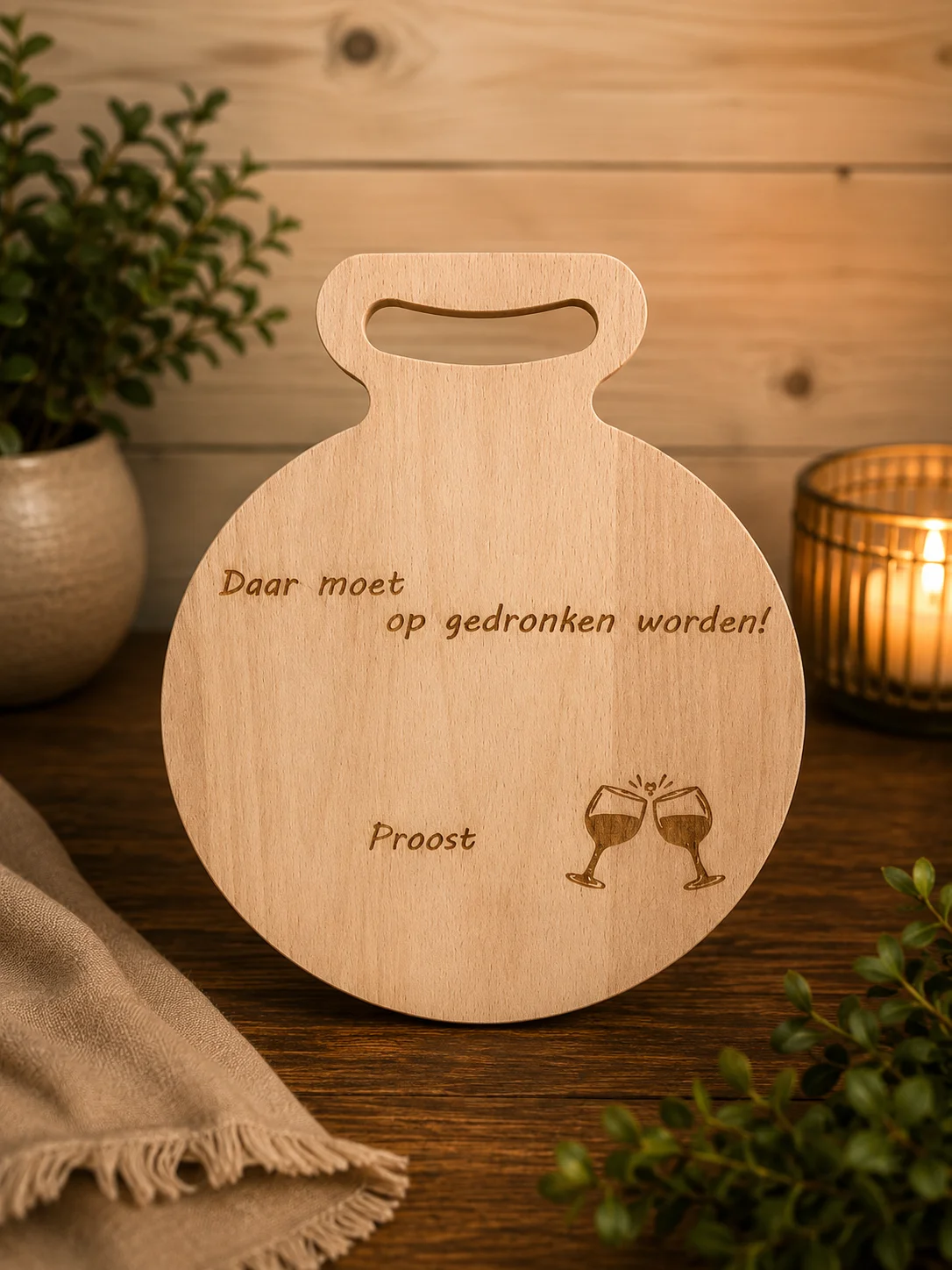 Ronde borrelplank medium met open handvat